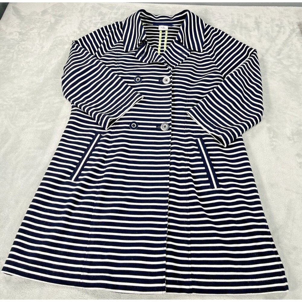 Cabi Maritime Striped Trench Coat Jacket Womens XL Navy White Double Breasted